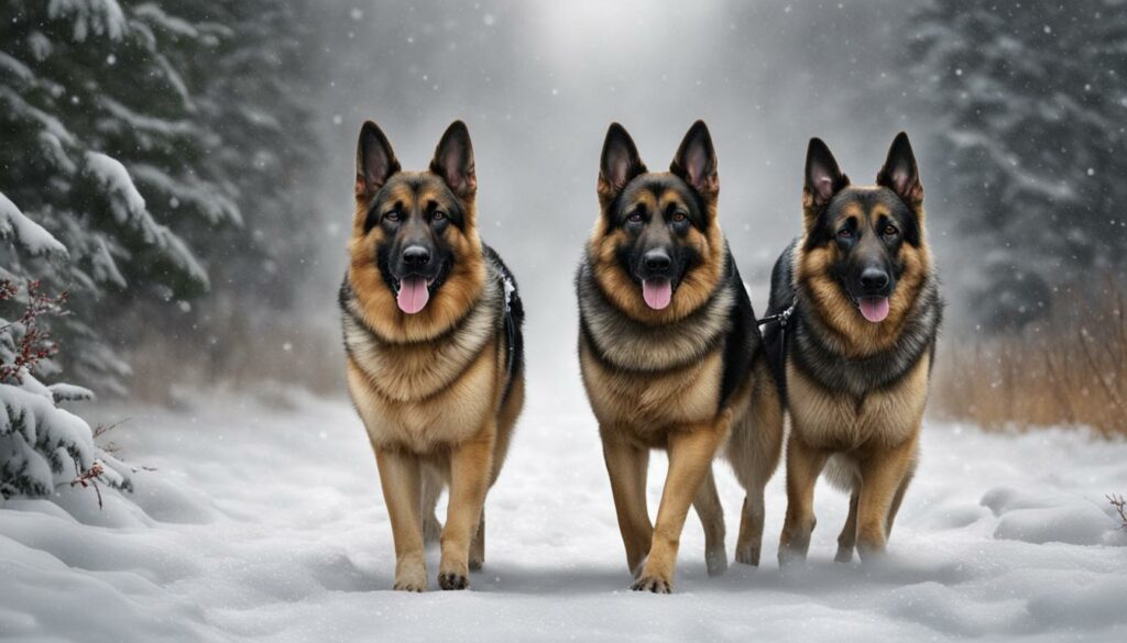 walking german shepherds in winter